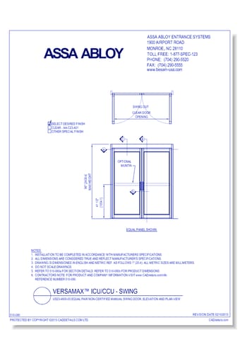 US23-4800-05 Equal Pair Non-Certified Manual Swing Door, Elevation And Plan View