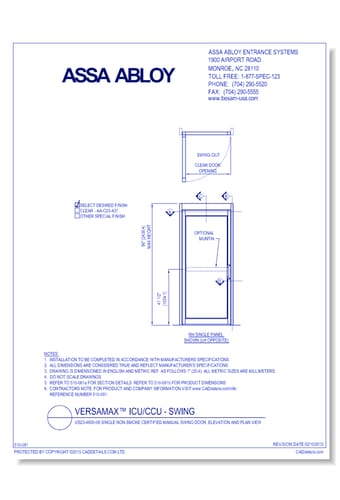 US23-4800-06 Single Non-Smoke Certified Manual Swing Door, Elevation And Plan View