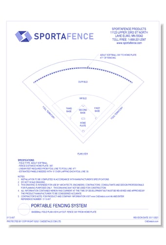 Baseball Field Plan View Layout: Fence 300' From Home Plate