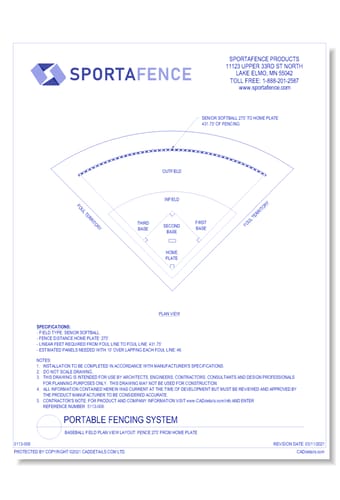 Baseball Field Plan View Layout: Fence 275' From Home Plate