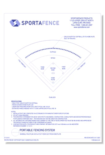 Baseball Field Plan View Layout: Fence 225' From Home Plate