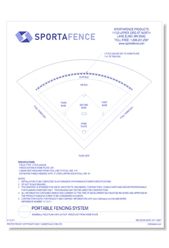 Baseball Field Plan View Layout: Fence 200' From Home Plate