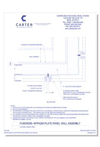 Fusion285 - NFPA285 Plate Panel Wall Assembly: Outside Corner ( FD08 )