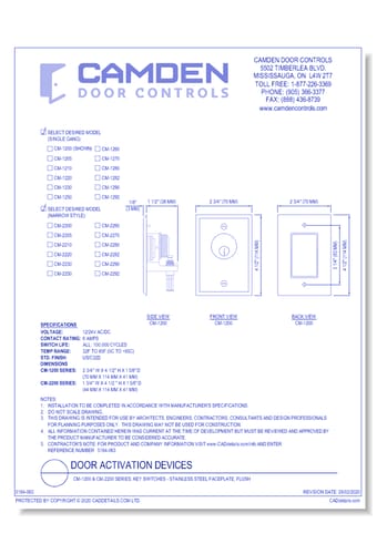  CM-1200 & CM-2200 Series: Key Switches - Stainless Steel Faceplate, Flush