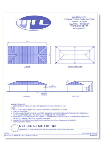 Superior Shelter & Amenities: Series 8200, All-Steel Hip End Shelter, 20' x 44' Elevation And Plan Views (HE2044-AS)