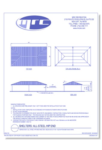 Superior Shelter & Amenities: Series 8200, All-Steel Hip End Shelter, 24' x 44' Elevation And Plan Views (HE2444-AS)