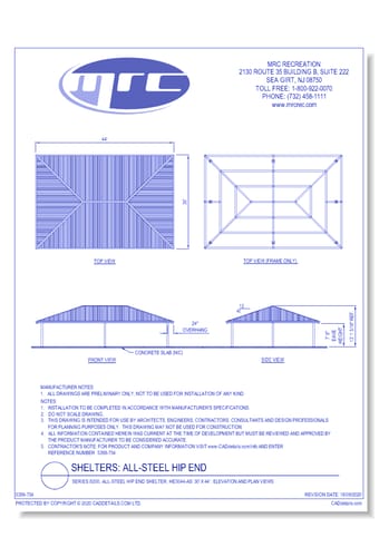 Superior Shelter & Amenities: Series 8200, All-Steel Hip End Shelter, 30' x 44' Elevation And Plan Views (HE3044-AS)
