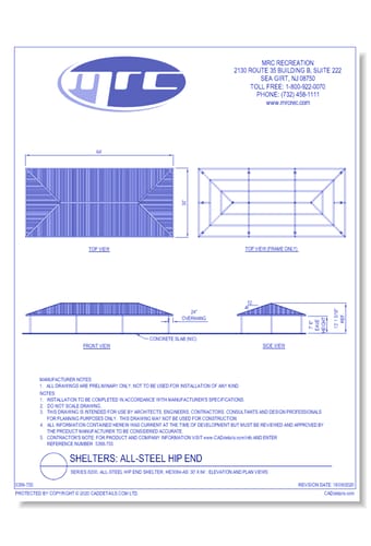 Superior Shelter & Amenities: Series 8200, All-Steel Hip End Shelter, 30' x 64' Elevation And Plan Views (HE3064-AS)