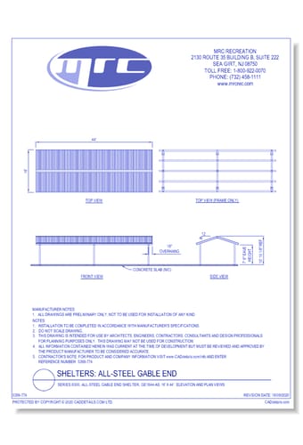 Superior Shelter & Amenities: Series 8300, All-Steel Gable End Shelter, 16' x 44' Elevation And Plan Views (GE1644-AS)