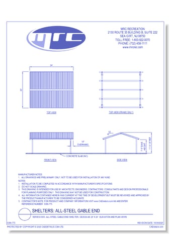 Superior Shelter & Amenities: Series 8300, All-Steel Gable End Shelter, 20' x 24' Elevation And Plan Views (GE2024-AS)