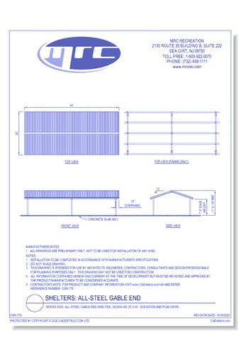 Superior Shelter & Amenities: Series 8300, All-Steel Gable End Shelter, 20' x 44' Elevation And Plan Views (GE2044-AS)