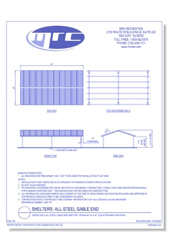 Superior Shelter & Amenities: Series 8300, All-Steel Gable End Shelter, 24' x 44' Elevation And Plan Views (GE2444-AS)