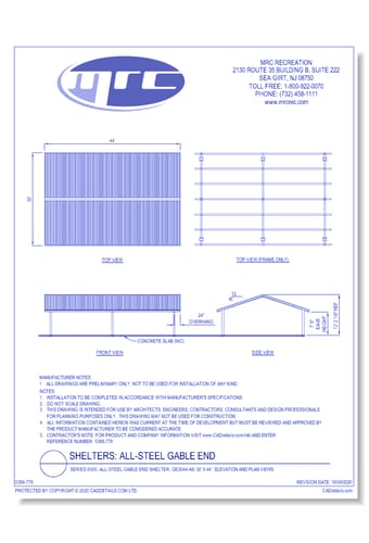 Superior Shelter & Amenities: Series 8300, All-Steel Gable End Shelter, 30' x 44' Elevation And Plan Views (GE3044-AS)