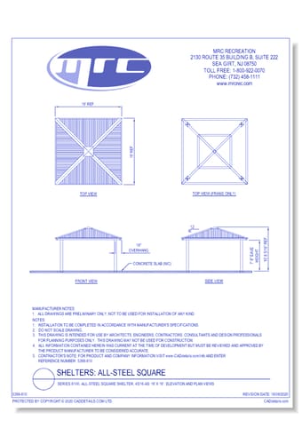 Superior Shelter & Amenities: Series 8100, All-Steel Square Shelter, 16' x 16' Elevation And Plan Views (4S16-AS)