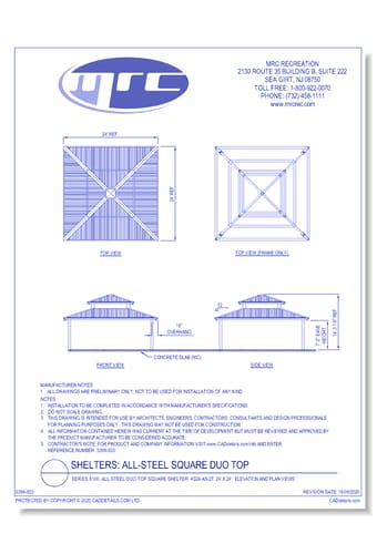 Superior Shelter & Amenities: Series 8100, All-Steel Duo-Top Square Shelter, 24' x 24' Elevation And Plan Views (4S24-AS-2T)