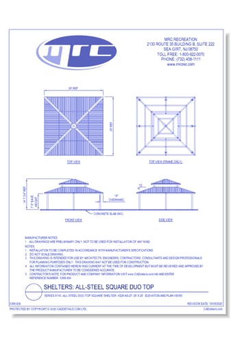 Superior Shelter & Amenities: Series 8100, All-Steel Duo-Top Square Shelter, 28' x 28' Elevation And Plan Views (4S28-AS-2T)