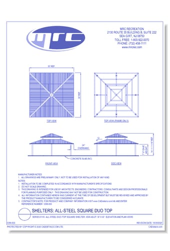 Superior Shelter & Amenities: Series 8100, All-Steel Duo-Top Square Shelter, 30' x 30' Elevation And Plan Views (4S30-AS-2T)