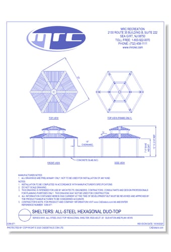 Superior Shelter & Amenities: Series 8000, All-Steel Duo-Top Hexagonal Shelter, 20' Elevation And Plan Views (6S20-AS-2T)