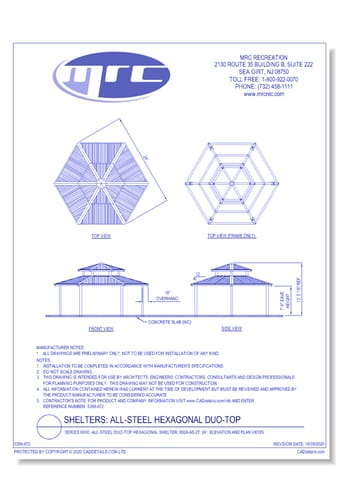 Superior Shelter & Amenities: Series 8000, All-Steel Duo-Top Hexagonal Shelter, 24' Elevation And Plan Views (6S24-AS-2T)