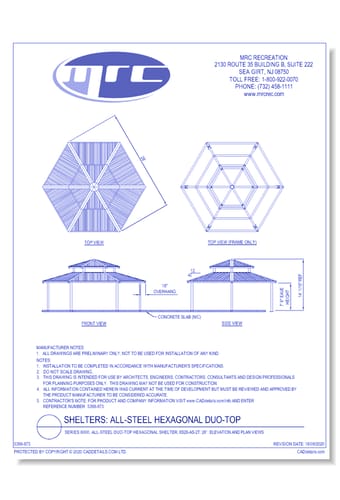 Superior Shelter & Amenities: Series 8000, All-Steel Duo-Top Hexagonal Shelter, 28' Elevation And Plan Views (6S28-AS-2T)