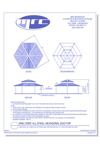 Superior Shelter & Amenities: Series 8000, All-Steel Duo-Top Hexagonal Shelter, 30' Elevation And Plan Views (6S30-AS-2T)