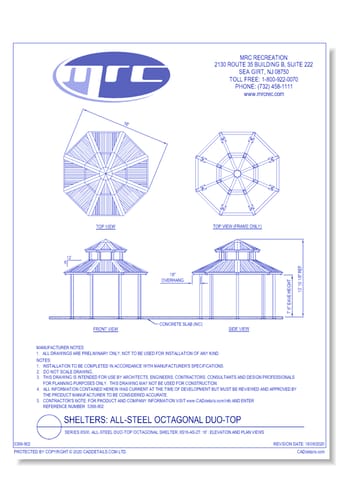 Superior Shelter & Amenities: Series 8500, All-Steel Duo-Top Octagonal Shelter, 16' Elevation And Plan Views (8S16-AS-2T)