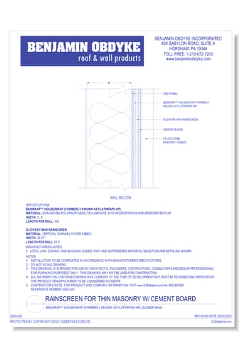 Rainscreen For Thin Masonry W/ Cement Board: FlatWrap®, Slicker Max®