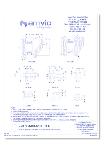 Typical Amvic Plus  6 Inch Brick Ledge Form, Section & Details