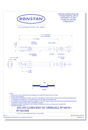 (RF1480-05 + RF1504-0505) J-2, Jaw-Jaw Closed Body SS Turnbuckle, Type 10, 5/16 Inch UNF Thread