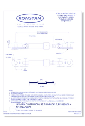 (RF1480-M36 + RF1504-M36M36) J-10, Jaw-Jaw Closed Body SS Turnbuckle, Type 10, 1 3/8 Inch UNF Thread