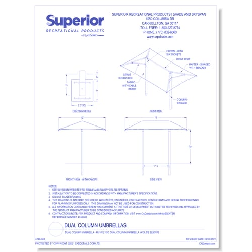 16' x 12' Dual Column Umbrella with 8' Height, Glide Elbow™, and In-Ground Mount