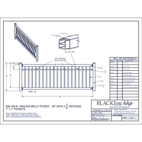 preview of BSL165-8: Railing Belly Picket 36" with 3 7/8" Spacing - 1" x 1" Pickets