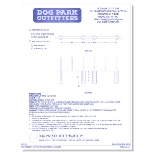 Dog Park Outfitters - Weave Posts - 6 Posts PVC Uprights - Surface Mount, 132"L x 3"W x 26"H, 84 lbs