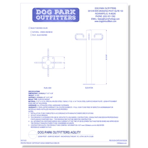 Dog Park Outfitters - Leash Post - Surface Mount / Anchor Bolt Mount, 8"L x 8"W x 36.5"H, 33 lbs