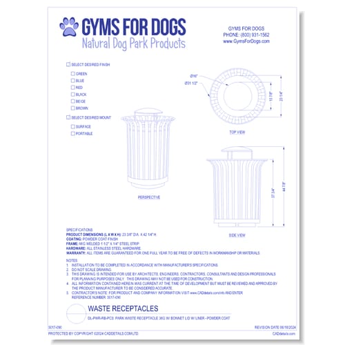 DL-PWR-RB-PCS - Park Waste Receptacle 36G w/ Bonnet Lid w/ Liner - Powder Coat