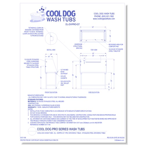 Cool Dog Wash Tubs - DL-DWPRO-GT - Pro Grooming Table - Stainless Steel Grooming Table