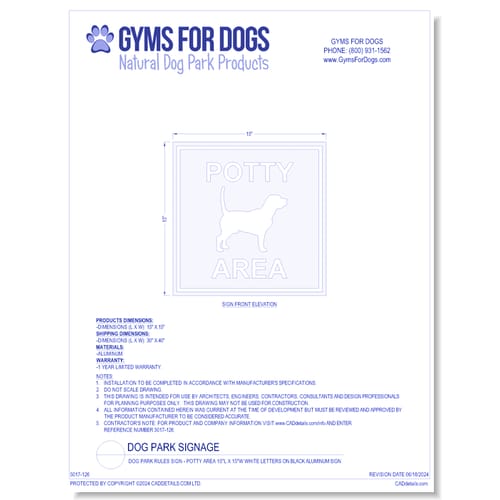 Dog Park Rules Sign - Potty Area 15"L x 15"W White Letters on Black Aluminum Sign