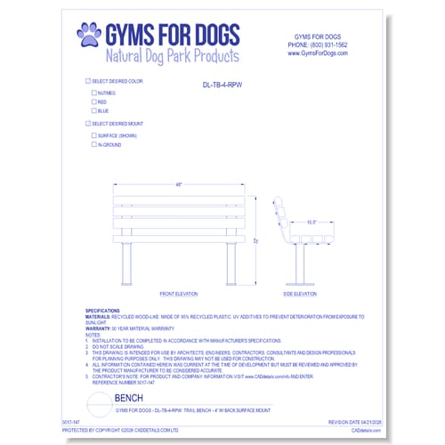 Gyms For Dogs - DL-TB-4-RPW - Trail Bench - 4' w Back Surface Mount