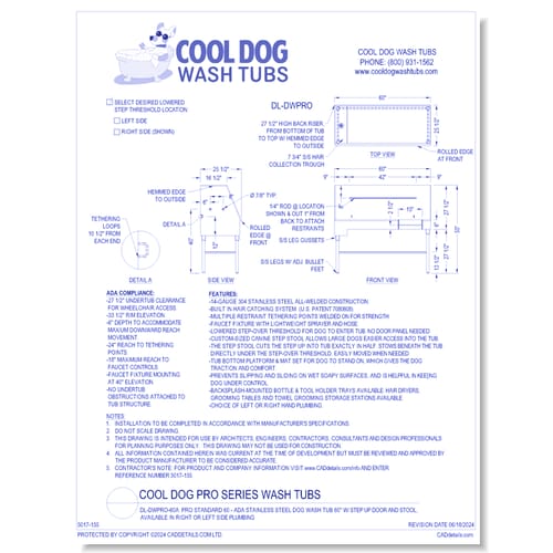 Cool Dog Wash Tubs - DL-DWPRO-60A - Pro Standard 60 - ADA Stainless Steel Dog Wash Tub 60" w/ Step Up Door and Stool, available in Right or Left Side Plumbing
