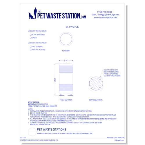 The Pet Waste Station - Park Waste Caddy - DL-PWC-PCS: Free Standing (FS) or Surface Mount (SM)