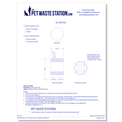 The Pet Waste Station - Park Storage Caddy - DL-PSC-PCS: Free Standing (FS) or Surface Mount (SM)