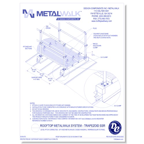 preview of Rooftop Metalwalk System - Trapezoid SSR - Level Pitch Corrected - 36" Wide Metalwalk® 2 Sided Handrail, Perpendicular to Panel