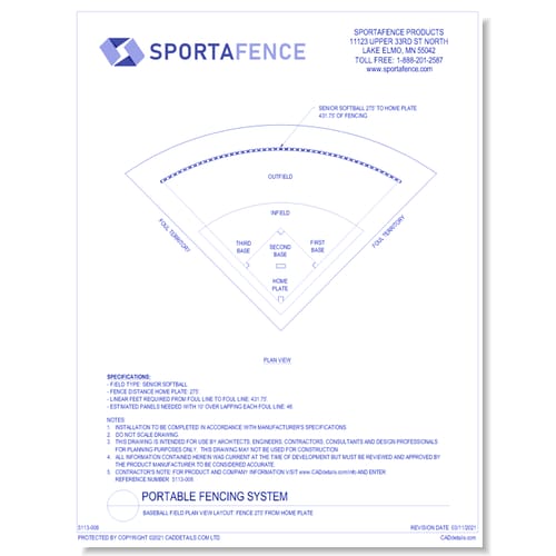 preview of Baseball Field Plan View Layout: Fence 275' From Home Plate