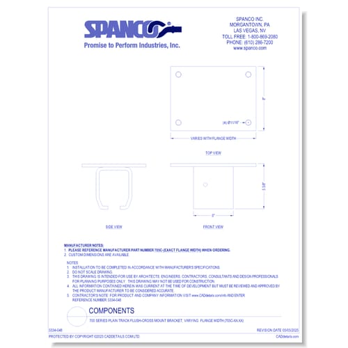 preview of 700 Series Plain Track Flush-Cross Mount Bracket, Varying  Flange Width (705C-XX.XX)