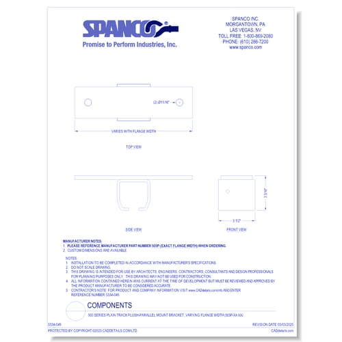 preview of 500 Series Plain Track Flush-Parallel Mount Bracket, Varying Flange Width (505P-XX.XX)