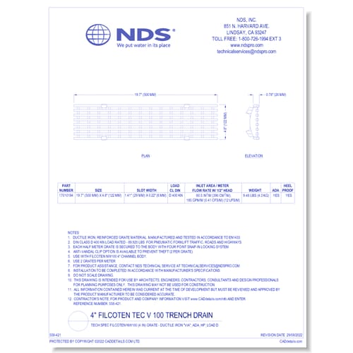 Grate: Spec Filcoten NW100 (4 in)  - Ductile Iron "VIA" ADA_HP_LOAD D