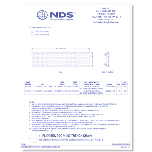 Grate: Spec Filcoten NW100 (4 in) - Ductile Iron "LONGITUDINAL" ADA_HP_LOAD A-D