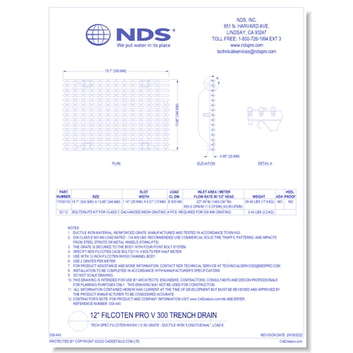 Grate: Spec Filcoten NW300 (12 in) - Ductile Iron "LONGITUDINAL" LOAD E