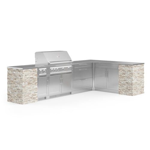 SKU 69597: Outdoor Kitchen Signature Series 11 Piece L Shaped Cabinet Set with 3 Drawer, Bar, Dual Side Burner, Grill and Grill Cabinet- 40 inch, Natural Gas, SS Countertop preview 1
