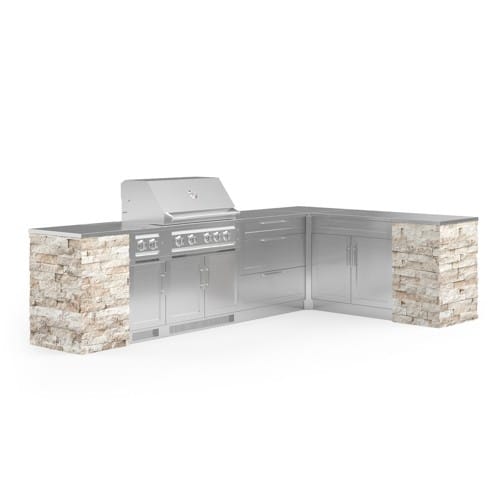SKU 69557: Outdoor Kitchen Signature Series 11 Piece L Shaped Cabinet Set with 3 Drawer, Bar, Dual Side Burner, Grill and Grill Cabinet- 36 inch, Natural Gas, SS Countertop preview 1